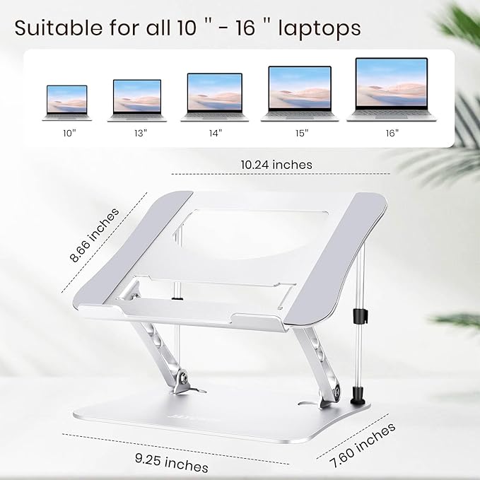 Next-Gen Laptop Stand - No Wobbling While Typing, Adjustable Aluminum Laptop Riser Holder for Desk, Ergonomic Computer Notebook Stand for MacBook Air Pro, HP, Dell Laptops 10-16 Inch, Silver