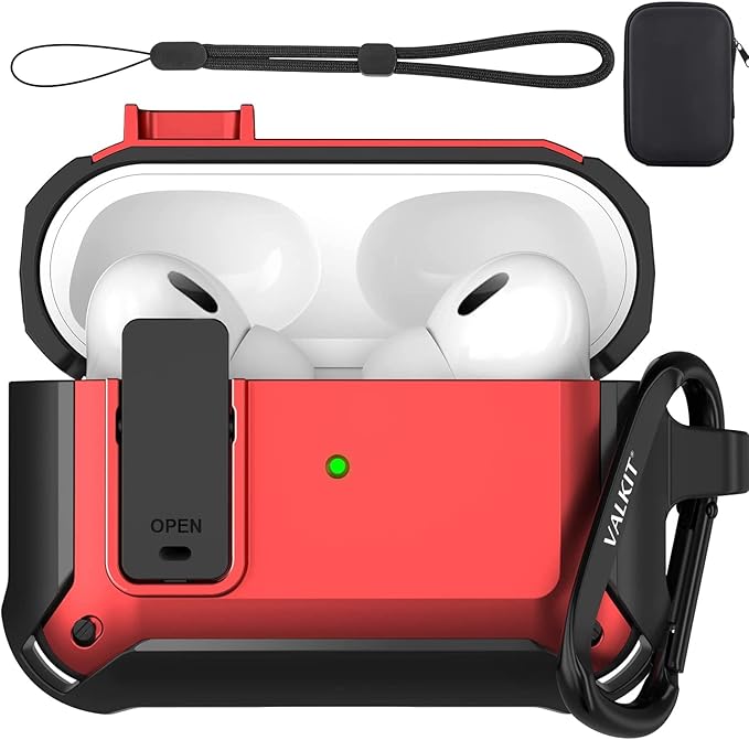Valkit Armor Series Full-Body Shockproof Protective Case Cover for AirPods Pro 2nd/1st Generation Charging Case with Carabiner Keychain, LED Indicator, and Accessory Pouch