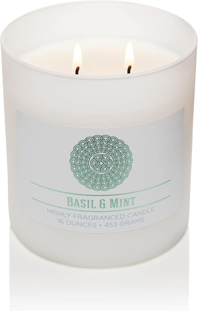 CAROLINA Basil & Mint Scented Candle, 16 oz Wellness Relaxing Aromatherapy Candle, 2 Wick White Jar Soy Blend Wax, Candles for Home, 60H Burn - Made in The USA