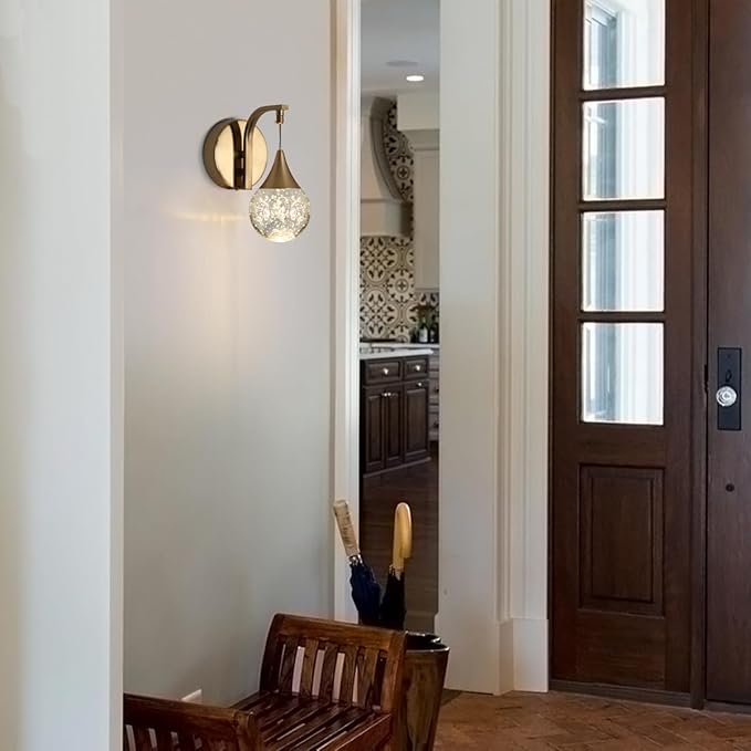 LED Wall Sconces Dimmable, Modern Crystal Wall Sconce Indoor, Bubble Wall Light for Bedroom Bathroom Living Room Dining Room Hallway, Brass