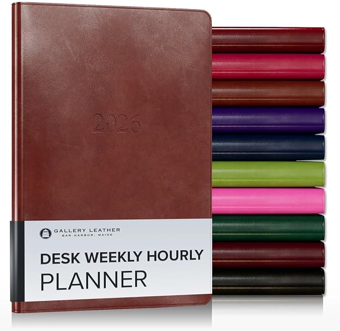 Gallery Leather Desk Hourly Weekly Monthly Planner 2025-2026, Elegantly Bound Calendar Planner and Notebook with Stylish Gold-Gilded Page Edges, 12 Months - Acadia Tan - 8 x 5.5 "