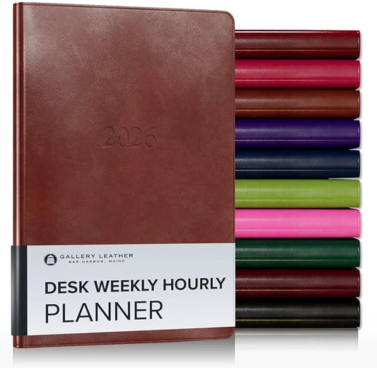 Gallery Leather Desk Hourly Weekly Monthly Planner 2025-2026, Elegantly Bound Calendar Planner and Notebook with Stylish Gold-Gilded Page Edges, 12 Months - Acadia Tan - 8 x 5.5 "
