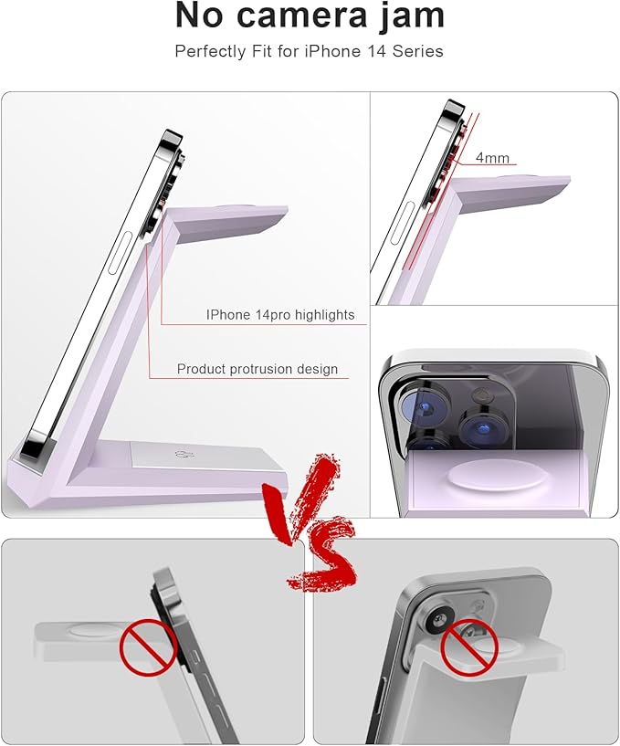 Wireless Charging Station for iPhone - ADADPU 3 in 1 Charger Stand for iPhone 17 16 15 14 13 12 11 Pro Max XR 8 Plus, Wireless Charging Dock for Apple Watch 8/7/SE/6/5/4/3/2, AirPods Pro/3/2 (Purple)