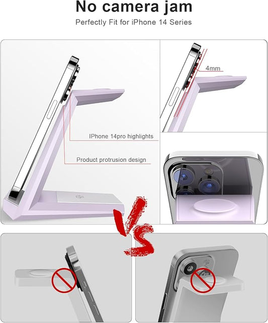 Wireless Charging Station for iPhone - ADADPU 3 in 1 Charger Stand for iPhone 17 16 15 14 13 12 11 Pro Max XR 8 Plus, Wireless Charging Dock for Apple Watch 8/7/SE/6/5/4/3/2, AirPods Pro/3/2 (Purple)