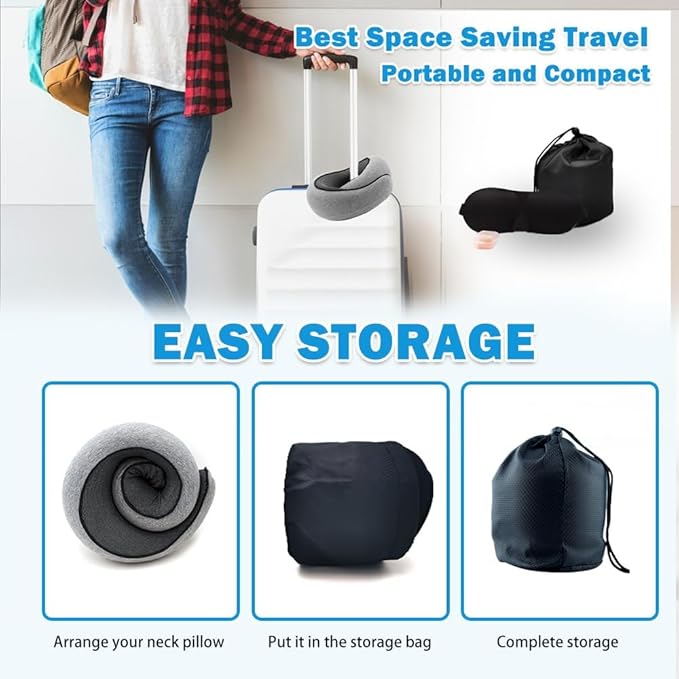 Travel Neck Pillow for Airplane, Adults Memory Foam Travel Neck Pillow, Ergonomic 360° Neck Support for Airplane Car Home Office Sleep, Small Packable Compact Portable Adults Turtle Pillow (Grey)