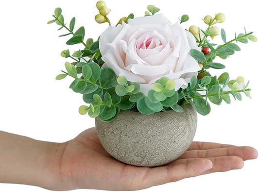 Artificial Flowers Kit with Pot, Combination of Fake Silk Light Pink Roses and Greenery,Small Plant Potted Decor for Offices,Bookshelf,Bedroom, Living Room,Party,Wedding Decorations