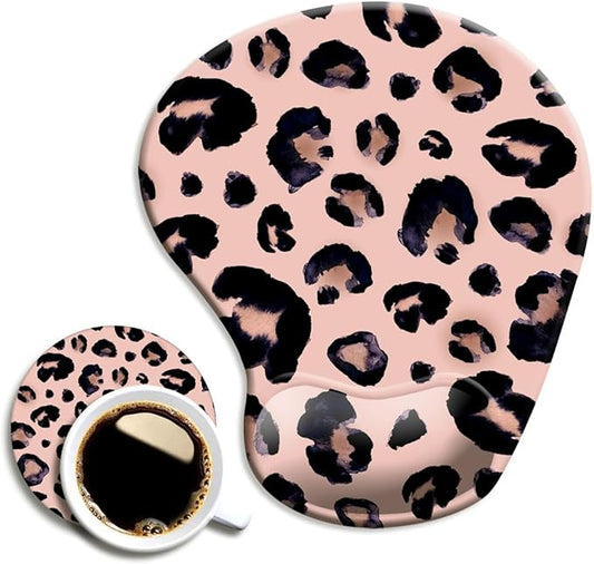 DOOKE Ergonomic Mouse Pad with Wrist Support and Coaster,Mouse Pads with Non-Slip PU Base for Home Office Working Studying Easy Typing & Pain Relief Leopard
