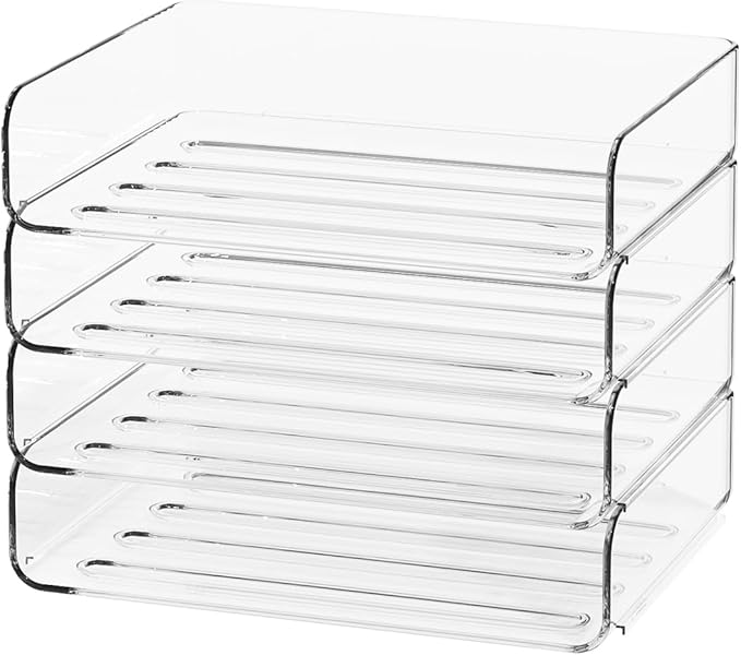 4-Tier Acrylic Paper Tray Organizer - Low-Profile Desk File Sorter for Office/Home, Clear Stackable Letter Tray for Bills, Crafts, Notebooks