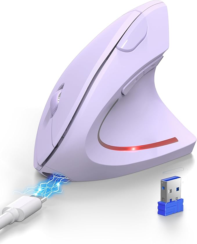 TECKNET Ergonomic Mouse, Rechargeable 2.4G+Bluetooth Vertical Mice 6 DPI Adjustable, Wireless Optical Carpal Tunnel Mouse for Right Hand, Silent 6 Buttons for Laptop, PC, MacBook, iPad - Light Purple