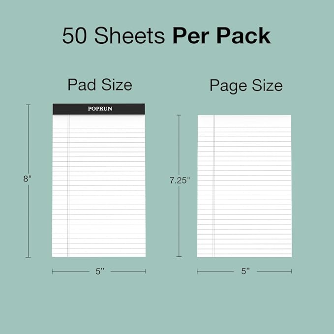 POPRUN Small White Legal Pads 5 x 8 Narrow Ruled, 100GSM Writing Paper Pad, Bulk Lined Notepad Notebooks for Work School, Classroom Office Supplies, 3 Pack