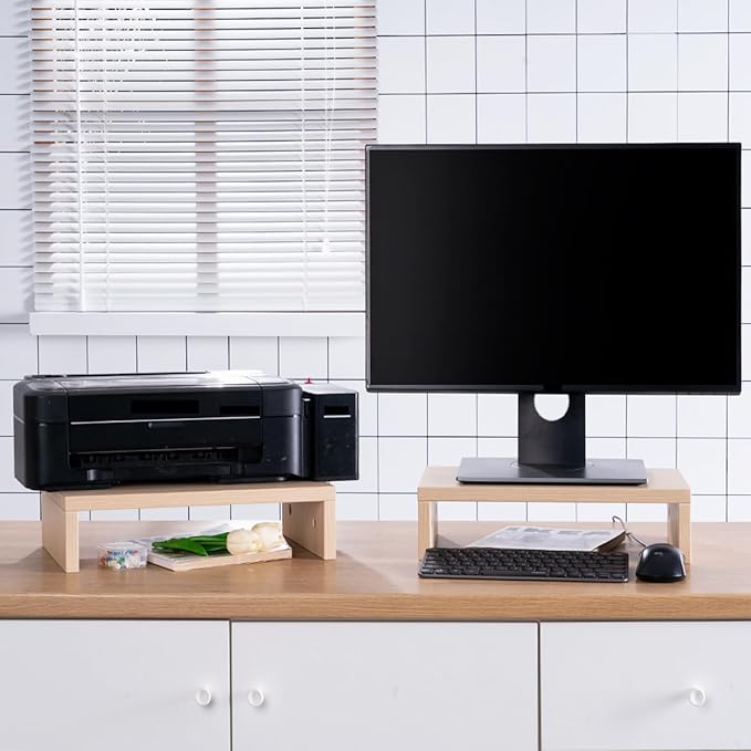 Dual Monitor Riser, 2 Pack Stand for Desk, Computer Stand Riser for 2 Monitors/Laptop/PC, Beige Wood Desktop (1-Tier)