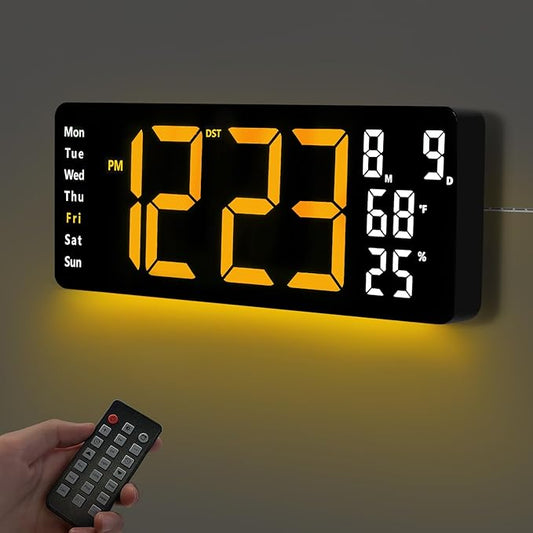 17.5” Digital Wall Clock, LED Display with Time, Date, Month, Temperature & Humidity, Remote Control DST, Alarm, Timer, 10-Level Brightness, Night Light for Home, Living Room, Bedroom & Office Décor