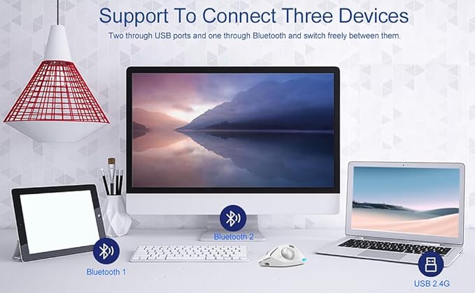 zelotes Wireless Trackball Mouse,Bluetooth Mouse,Rechargeable,4800 DPI, 2-in-1(BT 5.0/3.0+2.4GHz USB Receiver), 8 Buttons,Ergonomic Design,LED Lighting,for Laptop, PC, Pad,White