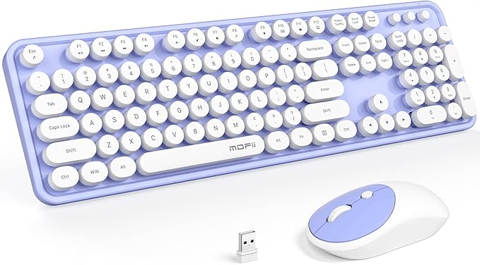 MOFII Wireless Keyboard and Mouse Combo, Computer Full Size 2.4G Plug and Play Wireless Typewriter Retro Round Keyboard and Mouse Set for Windows, Computer, Desktop, PC, Notebook - (Light Purple)