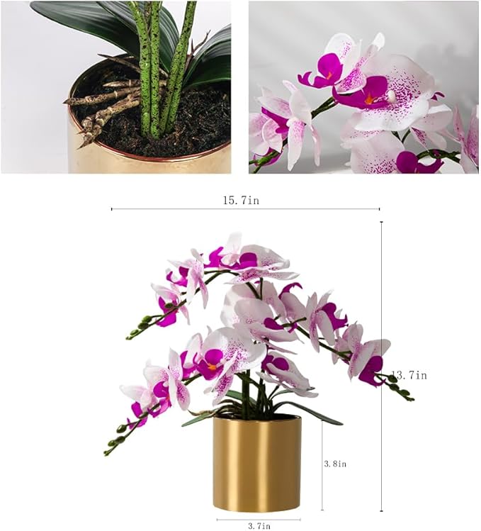 LESING Artificial Orchid Flower with Vase Realistic Orchids Faux Flower Fake Orchid Bonsai Plants in Pot Arrangement for Home Wedding Party Dining Table Centerpiece Decor (White Purple,Gold Vase)
