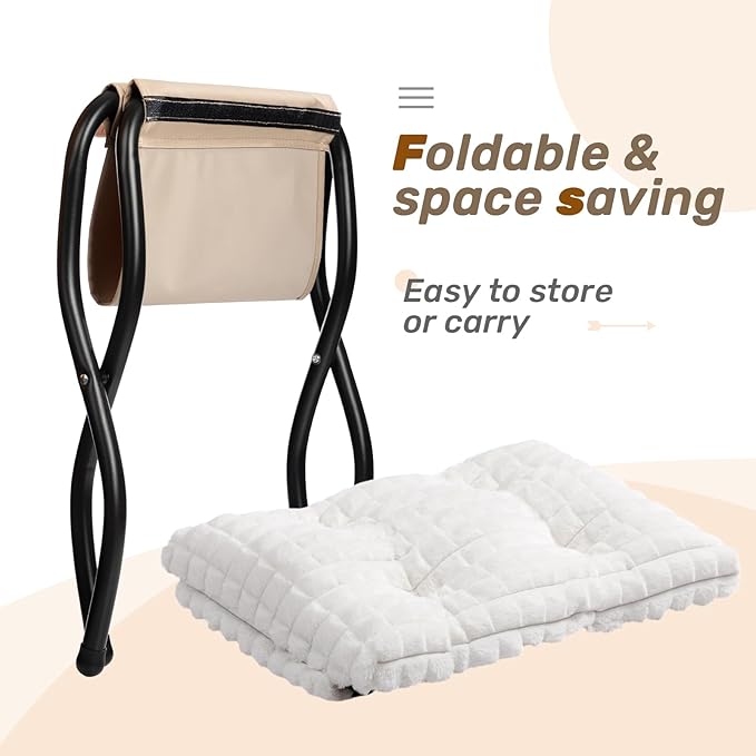 HollyHOME 15"(H) Folding Footrest Stool, Upholstered Small Foldable Ottoman, Accent Padded Sofa Foot Stool for Lazy Chair, Metal Portable Foot Rest Ottoman for Living Room, Bedroom, Faux-Fur White