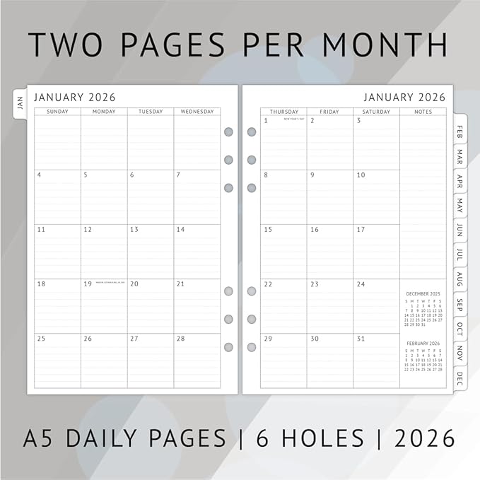 newestor 2026 Daily Planner Refills A5 Size, Filofax Compatible - Day Appointment Schedule & To-Do, Monthly Tabs, 6-Hole Punched