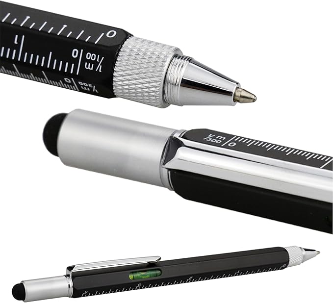 HeTaoCat Gifts Multi Tech Tool - 6 in 1 Stylus Pen with Screwdriver, Ruler, Level Gauge, Black Ink (Black)