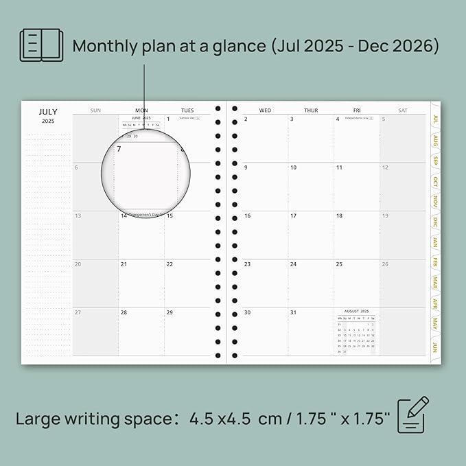 POPRUN Monthly Planner 2025-2026 Spiral Hardcover (8'' x 10''), 18 Months Calendar (Jul.2025 - Dec.2026)- 2 Pages per Month with Dotted Note Pages, Sunday Start, Laminated Tab - Navy Blue