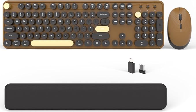 Wireless Computer Keyboards Mouse Combos, COVEVA Colorful Typewriter Retro Keyboard with Round Keycaps, USB Keyboard and Mouse Set 2.4GHz Full-Size Wireless Keyboard and Optical Mouse（Black-Coffee）