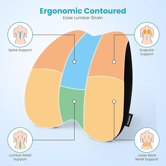 Lumbar Support Pillow Office Chair Car Back Pillow, Ergonomic Lower Back Pain Relief Breathable Air Fiber Cushion for Long Sitting Worker Driver & Handicapped, Adjustable Strap (Dark Grey)