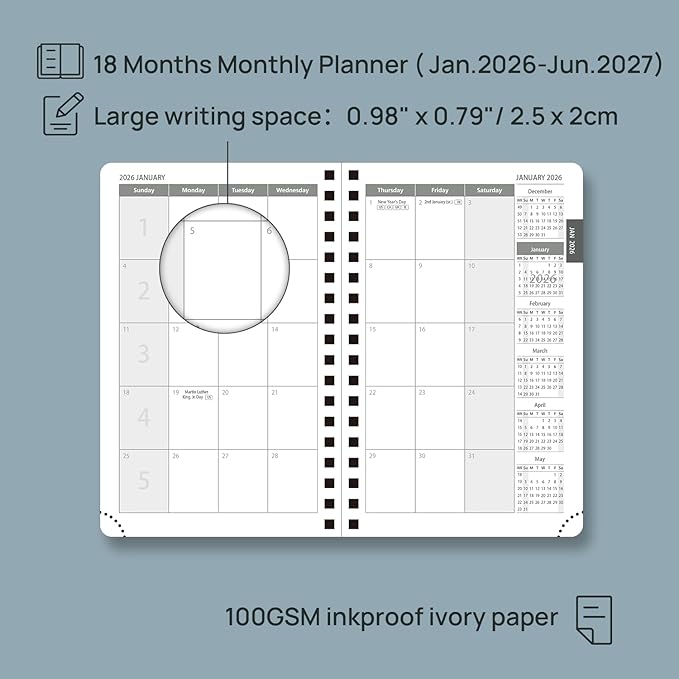 POPRUN Monthly Planner 2026-2027 (Pocket 4.25" x 6.25") 18 Months Calendar (Jan 2026 - Jun 2027) - 4 Pages per Month with Expense & Notes, Leather Cover, Sunday Starts - Pacific Green