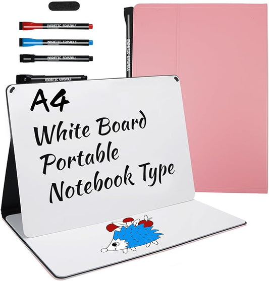 Small Portable White Board Dry Erase Notebook, 9" x 12" Double Sided Folding Whiteboards with 3 Pens, A4 Reusable Notebook with Storage Mesh Bag for Study, Meeting, Draft, Notes, Doodling
