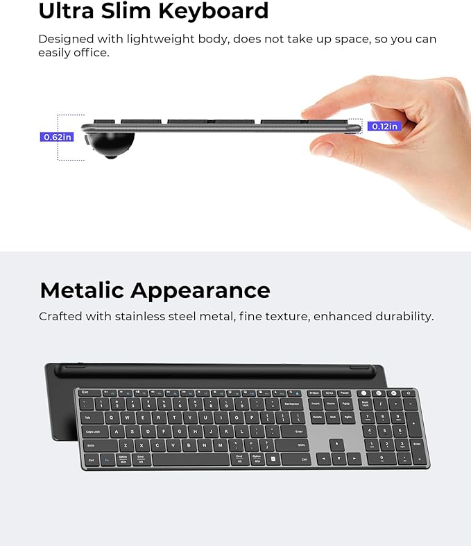 seenda Wireless Bluetooth Keyboard and Mouse Combo (USB + Dual BT), SKM64-3 Multi-Device Rechargeable Slim Keyboard and Mouse, Compatible for Win 7/8/10, MacBook Pro/Air, iPad, Tablet - Black Gray