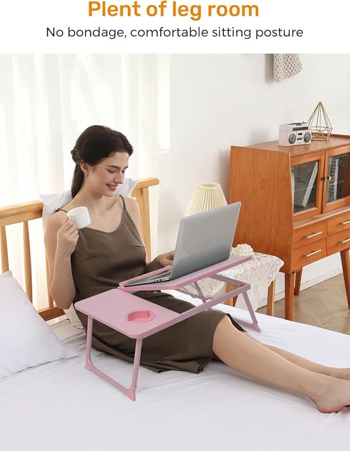 Lap Desk for Couch/Sofa/Floor, 5-Angle Adjustable Bed Desk with Foldable Legs &Cup Holder, Light Weight Bed Tray Table for Writing/Eating/Reading, Portable Laptop Stand for Adults, Kids