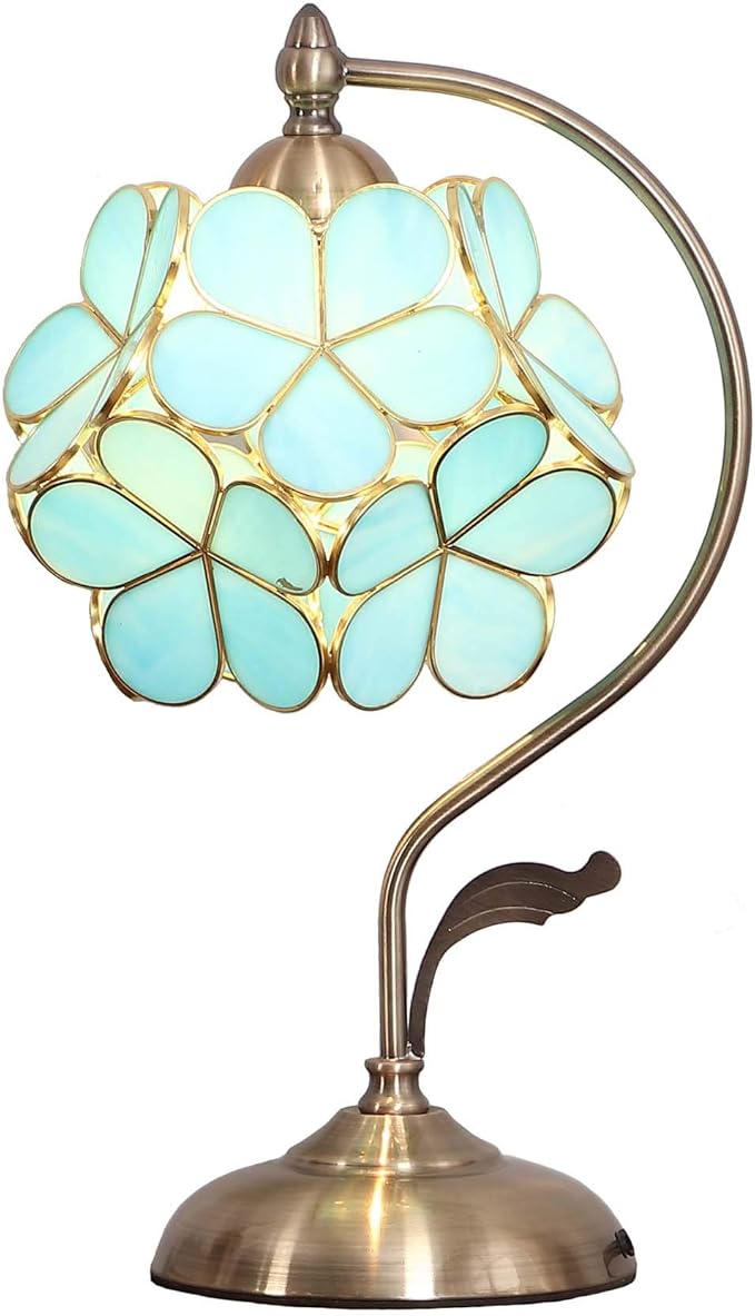 Bieye L10752 Tiffany Style Stained Glass Flower Petal Table Lamp with Brass Base for Home Décor (Sky Blue, 8" Cherry Blossom)