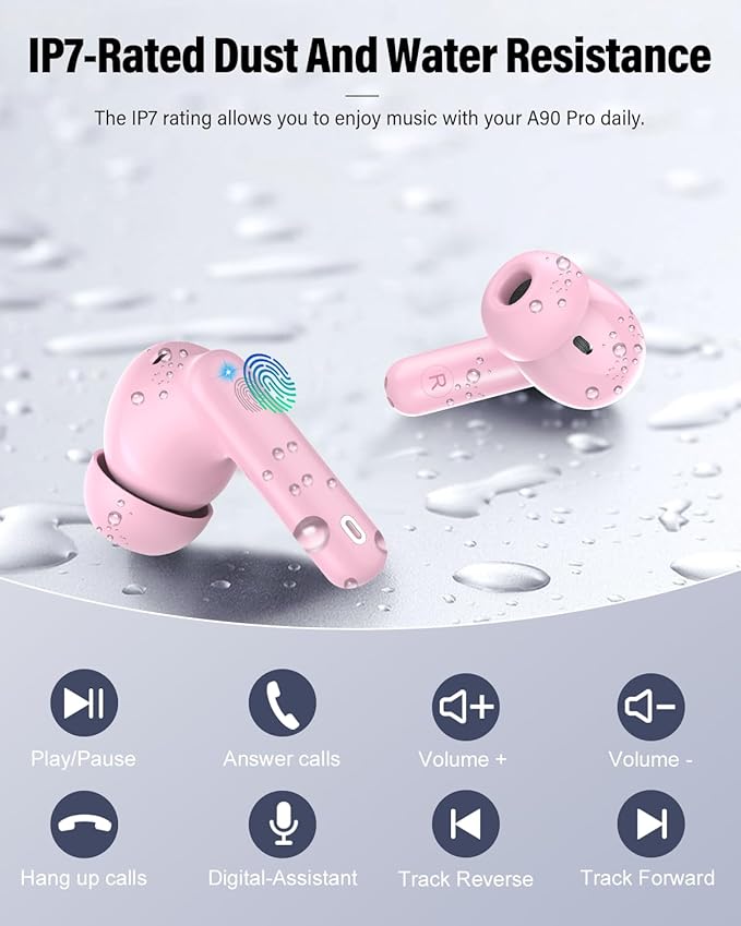 Wireless Earbuds, Bluetooth 5.4 Headphones Bass Stereo, Ear Buds with Noise Cancelling Mic, IP7 Waterproof in Ear Earphones, 36H LED Display Bluetooth Earbuds for Laptop Pad Phones Sports, Pink