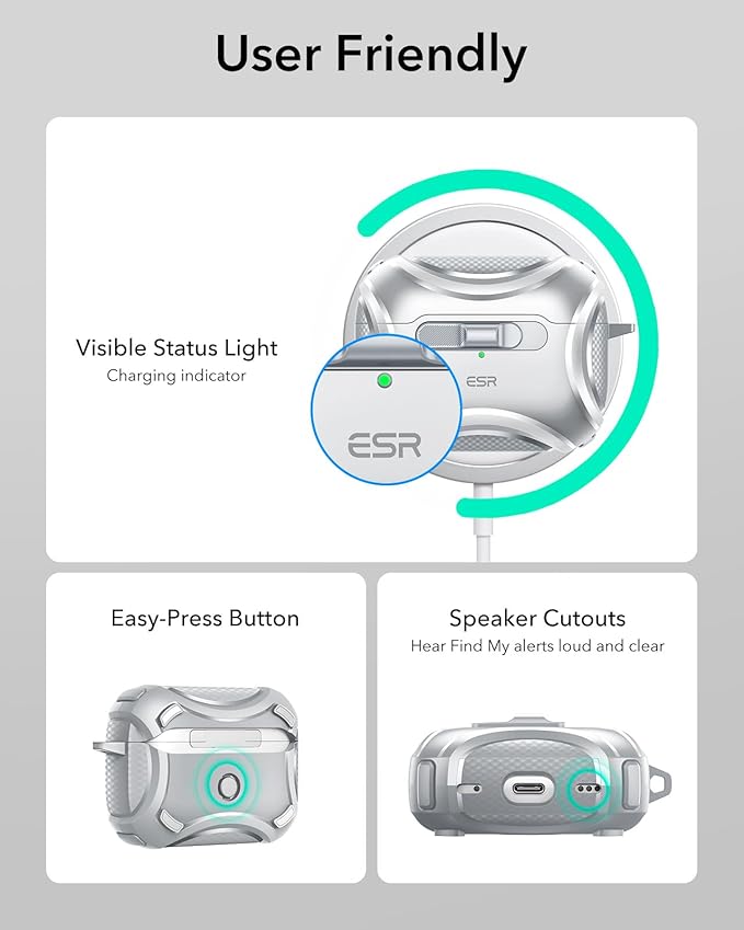 ESR for AirPods Pro 2 Case (2023/2022/2019, 2nd/1st Gen), Compatible with AirPods Pro 2nd Generation (USB-C/Lightning Cable), Effortless MagSafe, Drop-Proof Lock, Easy Open, Cyber Series,Silver Grey