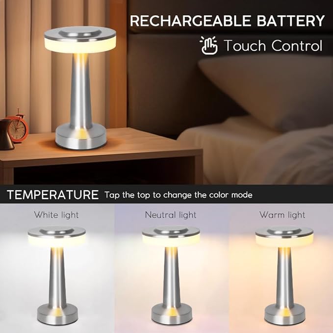 Cordless Metal Desk Lamp, Touch Sensor Control LED Table Lamp,3 Color Stepless Dimmable Battery Powered Lamp for Living Room, Dorm, Home Office (Silver)