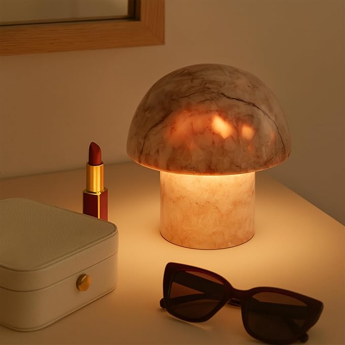 Marble Mushroom Table Lamp - Small Rechargeable USB-C Cordless Touch-Dimmable Night Light, Hand-Polished Natural Stone, 4.3"x4.7"
