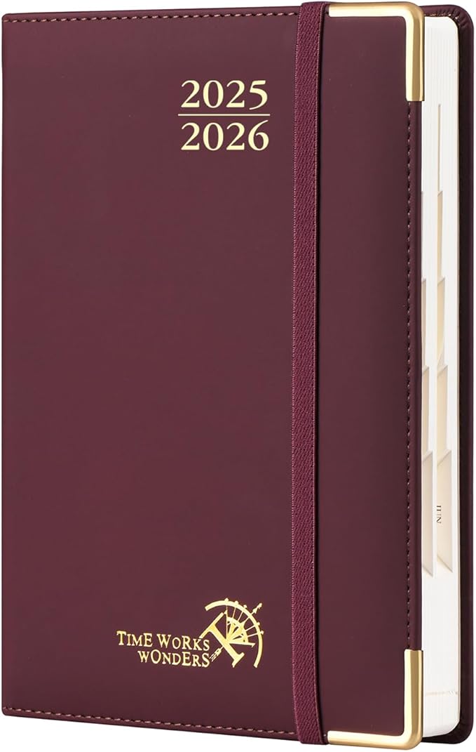 POPRUN Daily Planner 2025-2026 One Page per Day, (A5 Size 5.75" x 8.5") Academic Calendar (July25- June26) Hourly Appointment Book with Vegan Leather Hardcover, Monthly Tabs & Pocket - Claret
