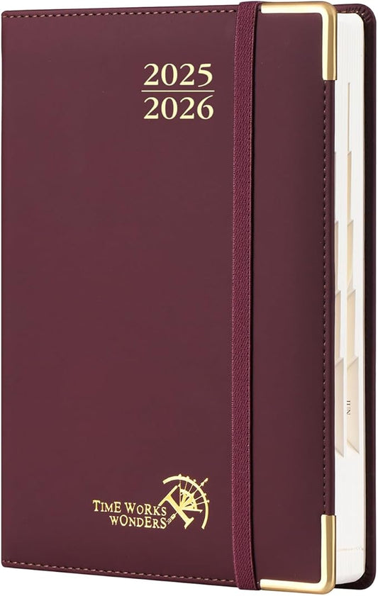 POPRUN Daily Planner 2025-2026 One Page per Day, (A5 Size 5.75" x 8.5") Academic Calendar (July25- June26) Hourly Appointment Book with Vegan Leather Hardcover, Monthly Tabs & Pocket - Claret