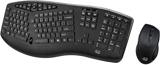 Adesso WKB-1600CB TruForm Media Wireless Ergonomic Keyboard & Optical Mouse Combo with 24 GHz RF Technology, Split Design, Adjustable DPI, and Multimedia Hotkeys