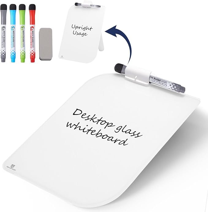 TSJ OFFICE Small Desktop Whiteboard - 12 X 8 Inches Glass Dry Erase Board with Stand, Desk Board Buddy for Home, Office, School Supply