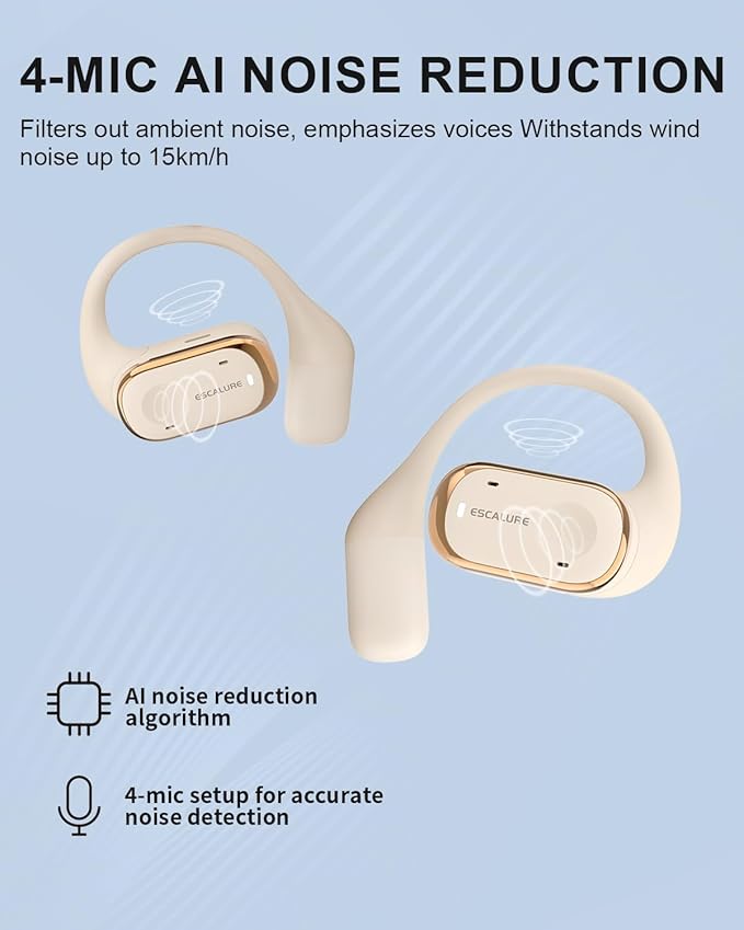 Open Ear Earbuds with 4-Mic, IPX5 Sweat Resistant Open Ear Earbuds Wireless Bluetooth 5.3, 30H Playtime Wireless Headphones with Earhooks, Lightweight for Running, White