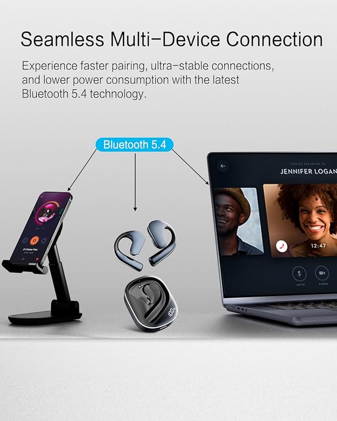 Open Ear Headphones, Dynamic Bass Boost Bluetooth 5.4 Air Conduction Wireless Earbuds w/16.2mm Large Driver, 50H Playtime, 3 EQ Modes, ENC Mic, IPX5, Lightweight Fit for Workout Running Black