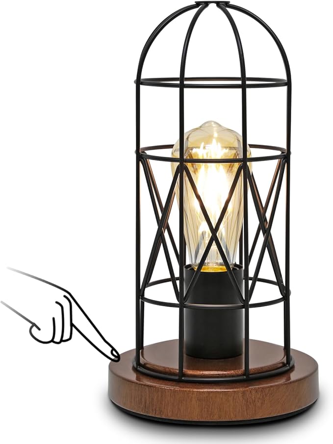 Touch Control Table Lamp, Industrial Bedside Lamp with 3 Way Dimmable Small Nightstand Lamp Vintage Metal Cage Table Lamp for Bedroom, Kitchen