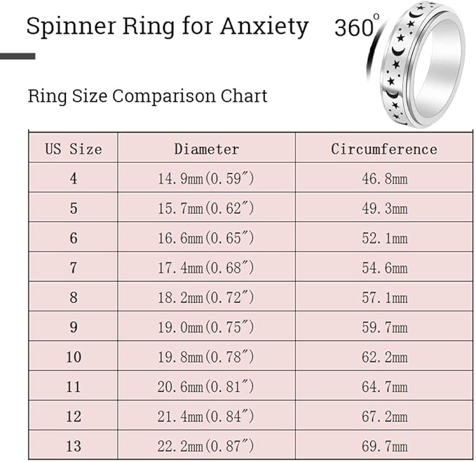 OreilleStar Anxiety Ring for Women Fidget Ring Stainless Steel Fidget Toys Adults Spinner Rings Gold Silver Moon Star Fidget Rings