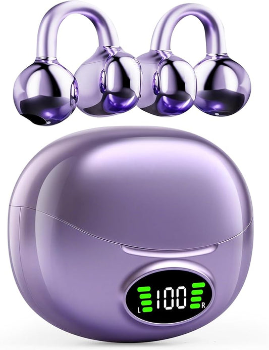 Clip on Headphones,Open Bluetooth 5.4 Earbuds with LED Digital Display Built-in Mic IPX7 Waterproof 50H Playback Sports Bone Conduction Earphones Suitable for Small Ears and Eyeglass Wearers (Purple)