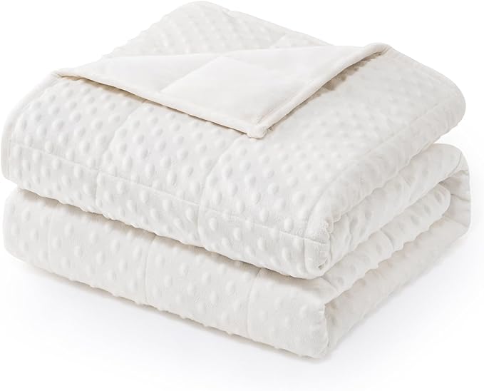 Wemore Minky Dot Weighted Blanket for Adults Twin Size 15 lbs, Soft Heavy Blanket for Stress Relief and Sleep Promotion, Breathable Blanket for All-Season with Glass Beads, White 48 x 72 inches