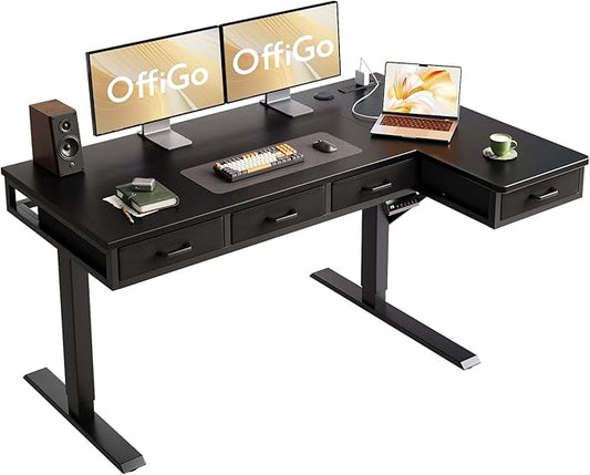 OffiGo 55 Inch L Shaped Electric Standing Desk with Drawers, Height Adjustable Large Desk with Power Outlets, Sit Stand Table, Writing Computer Desk for Home, Office, Workstation, Black