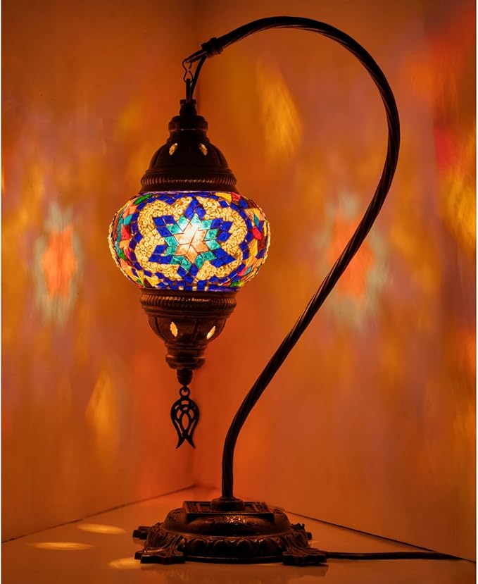 Kafthan Turkish Moroccan Mosaic Lamp – Handmade Glass Swan Neck Bedside Lamp with Antique Brass Base, Ideal Decor for Bedroom, Office, Living Room – Bulb Included (Red & Navy Center Star)