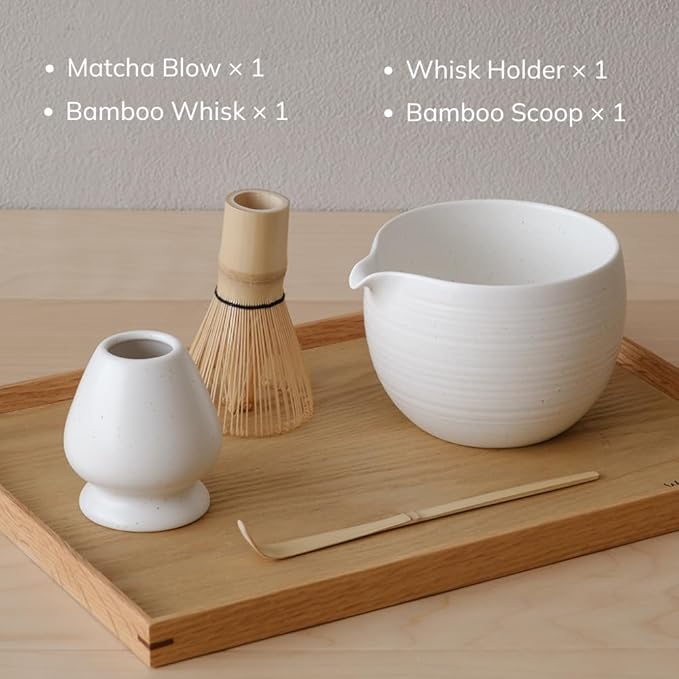 WENSHUO Matcha Whisk Set, Ceramic Matcha Bowl & Whisk Holder, Bamboo Accessory, Modern Design (Matte White, Pouring Spout)
