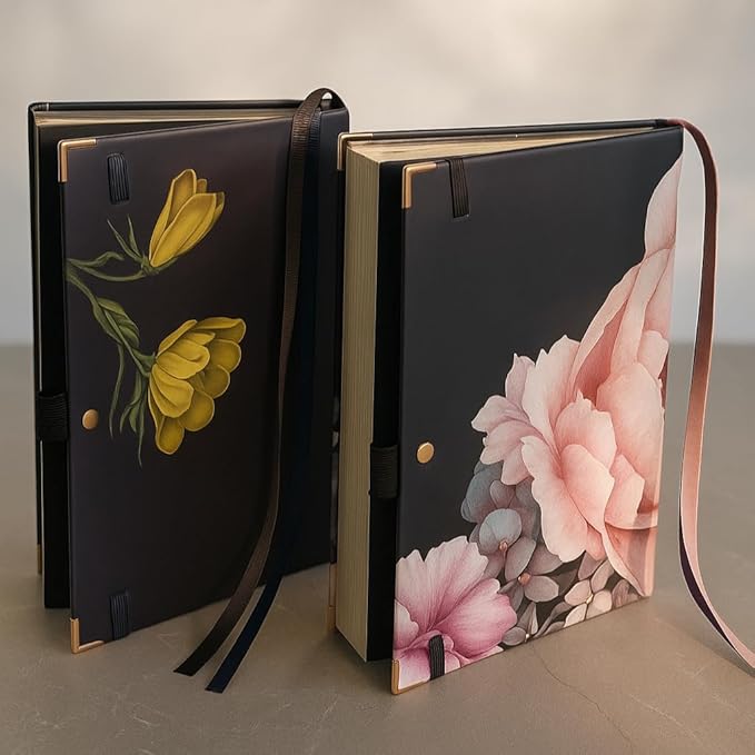 A5 Dot Grid Journal – Ivory Paper Bullet Notebook with Peony Hardcover, Copper Edges, Pen Loop, 2 Ribbon Bookmarks, Inner Pocket – Elegant Floral Stationery for Journaling (Peony Whispers)