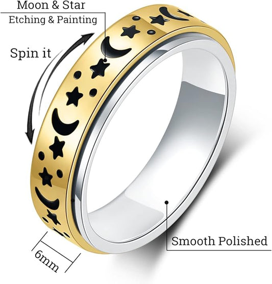 OreilleStar Anxiety Ring for Women Fidget Ring Stainless Steel Fidget Toys Adults Spinner Thumb Rings 2pcs Set Silver Gold Moon Star Fidgit Ring