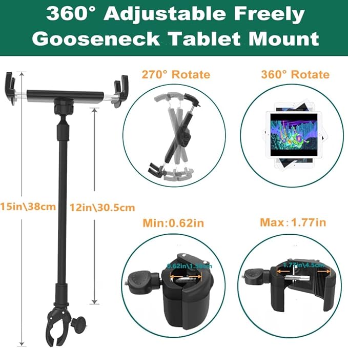 Tablet Holder Spin Bike Mount for 4-13" iPad Phone, 360° Gooseneck Stand for Treadmill Stationary Exercise Bicycle, Indoor Cycling Clamp for iPad Pro Air Mini, Galaxy Z Fold, Fire HD, iPhone